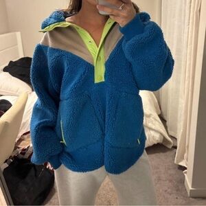 Free People Electric Blue Sherpa Jacket with Lime Accents